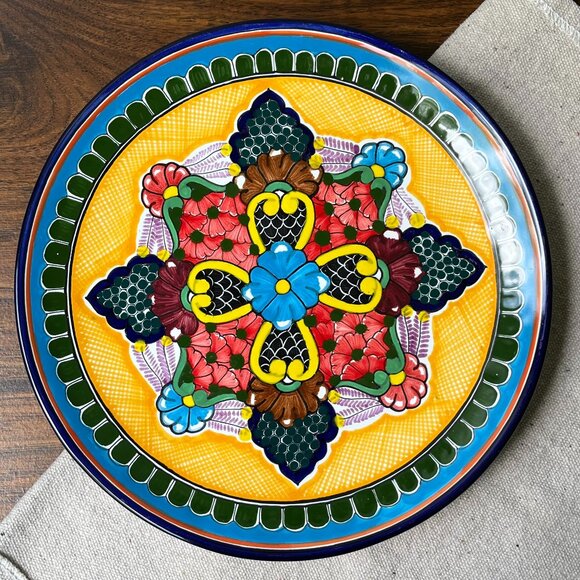 Hernandez Pue Talavera Hand Painted Mexican Plate with Hanging Holes 12" - Picture 1 of 12